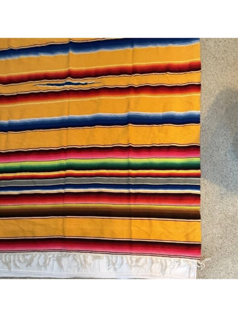 Vintage 80s Yellow Mexican Serape Blanket Colorful Stripes Boho Fringe 82" x 60 - Picture 3 of 16